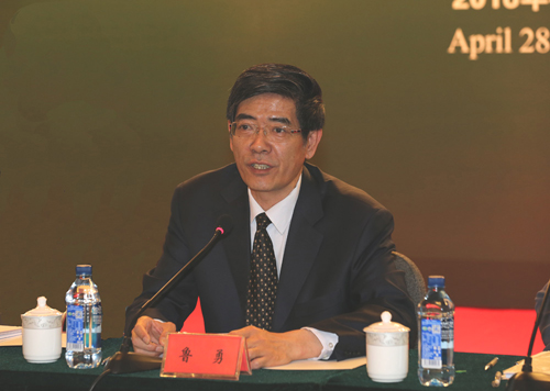 图为中国残联党组书记、理事长鲁勇宣布关于中国残疾人福利基金会理事会换届人事安排
