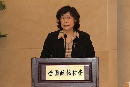 图为汤小泉理事长作中国残疾人福利基金会2012年工作报告