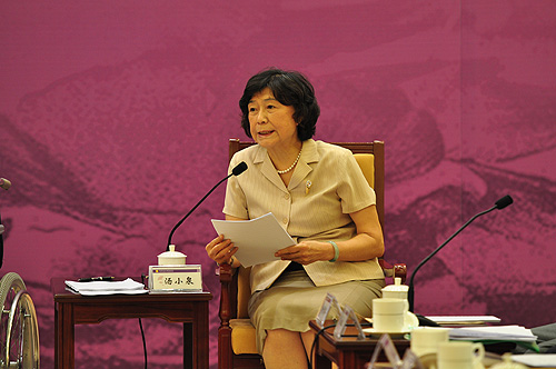 图为中国残联副主席、中国残疾人福利基金会理事长汤小泉作2011年度工作报告