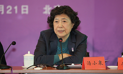 图为中国残疾人福利基金会理事长汤小泉代表理事会作2013年度工作报告
