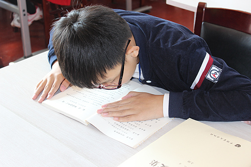 天津市视力障碍学校学生在看大字本